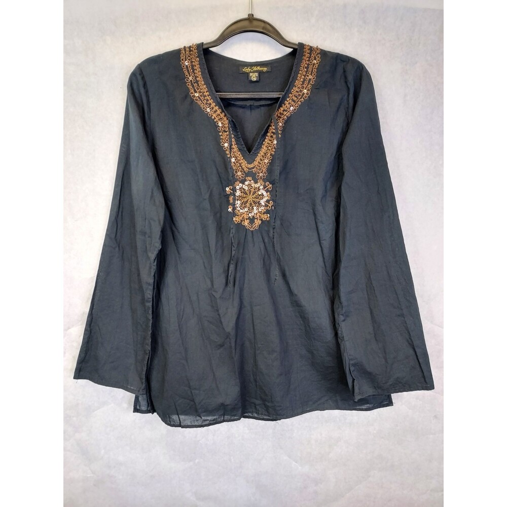 Lady Hathaway Beaded Peasant Blouse Women's L Black Gold Embellished Hippie Boho